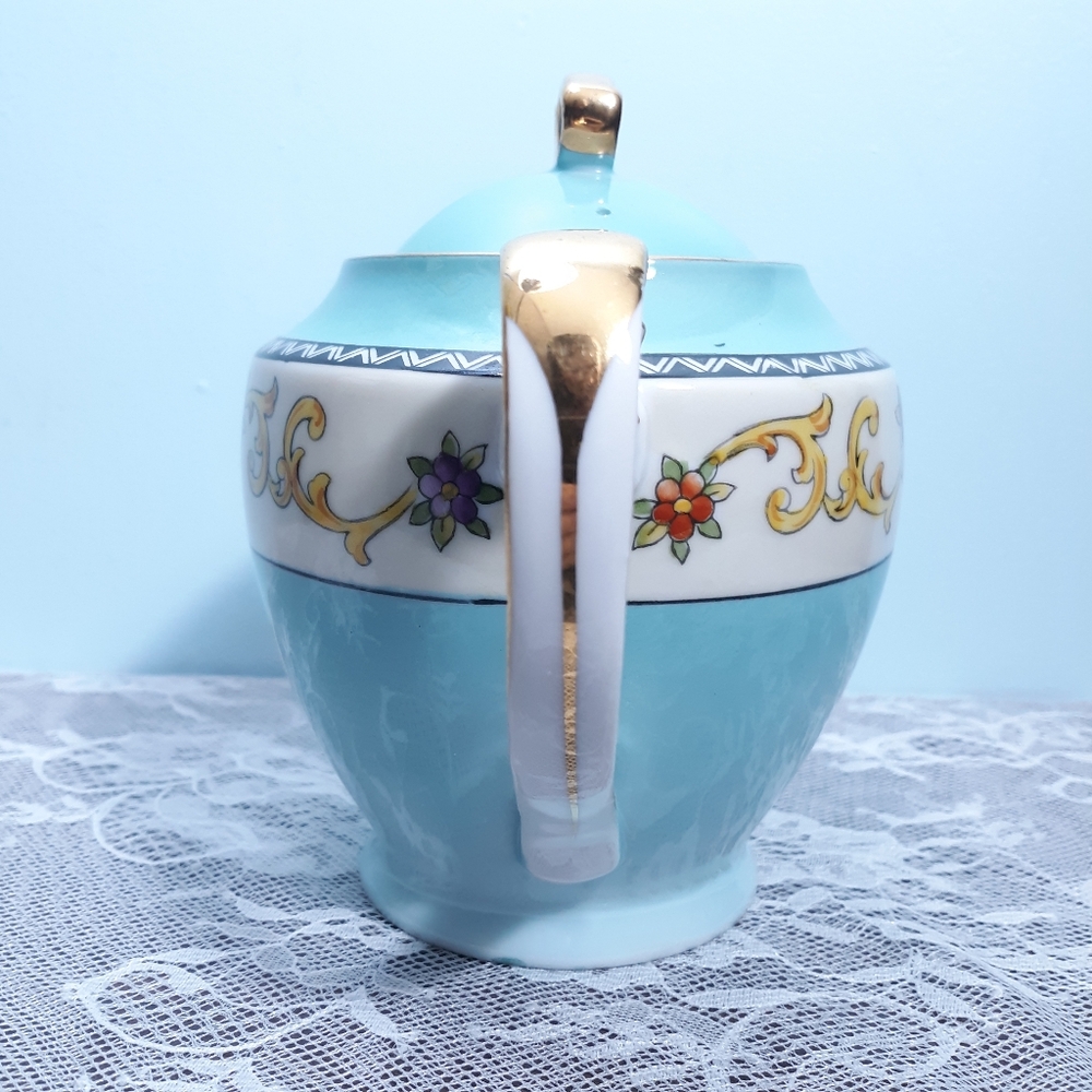 Antique Ca 1920 Noritake Teapot Turquoise Blue Floral Roses White Gold Vintage - Picture 7 of 13